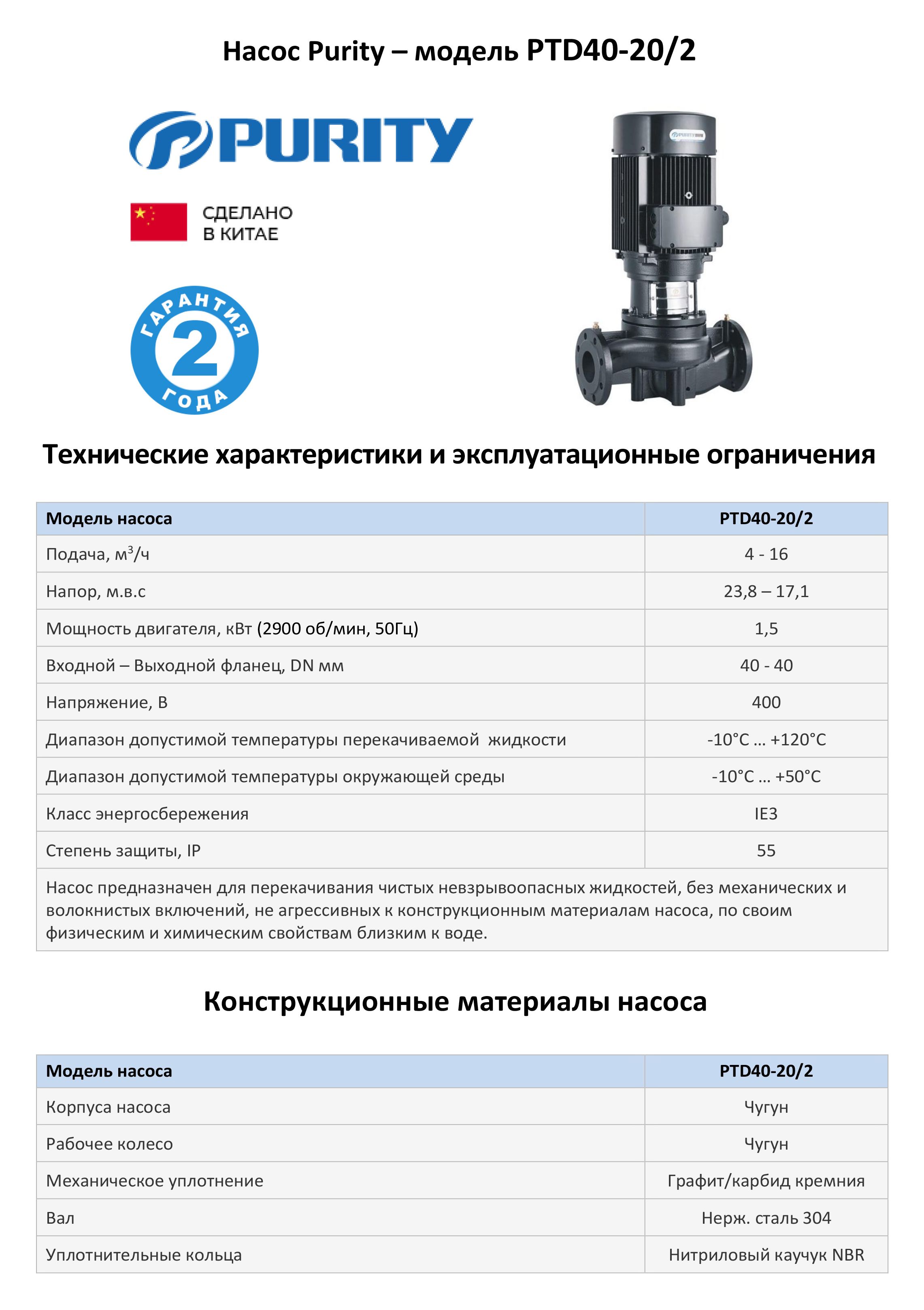 Циркуляционный насос In-Line PURITY PTD 40-20/2 (N): купить в Москве, цена  в каталоге «Рутектор»