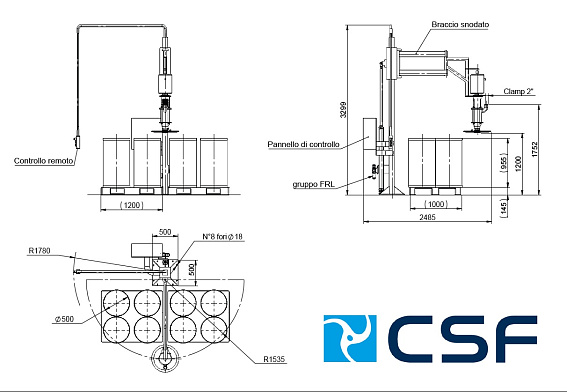 Станция разгрузки бочек с двухшарнирным рычагом CSF Inox Серия SC8 Станция разгрузки бочек с двухшарнирным рычагом CSF Inox Серия SC8