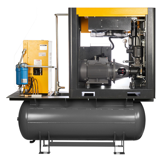 Мощность двигателя, кВт;Давление, атм;Объем ресивера, литров;Производительность, л/мин;Наличие осушителя;Тип привода;Наличие частотного преобразователя;Применение;Напряжение питания, В;Габариты (ДхШхВ), мм;Гарантия, месяцев;Масляный/Безмасляный;Страна производства;Наличие ресивера;Серия Винтовой компрессор ET-Compressors SL 22-16-500 ES (IP55)