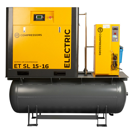 Мощность двигателя, кВт;Давление, атм;Объем ресивера, литров;Производительность, л/мин;Наличие осушителя;Тип привода;Наличие частотного преобразователя;Применение;Напряжение питания, В;Габариты (ДхШхВ), мм;Гарантия, месяцев;Масляный/Безмасляный;Страна производства;Наличие ресивера;Серия Винтовой компрессор ET-Compressors SL 15-16-500 ES (IP55) 1,2