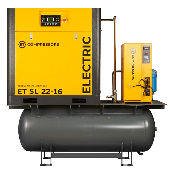 Мощность двигателя, кВт;Давление, атм;Объем ресивера, литров;Производительность, л/мин;Наличие осушителя;Тип привода;Наличие частотного преобразователя;Применение;Напряжение питания, В;Габариты (ДхШхВ), мм;Гарантия, месяцев;Масляный/Безмасляный;Страна производства;Наличие ресивера;Серия Винтовой компрессор ET-Compressors SL 22-16-500 ES (IP55)