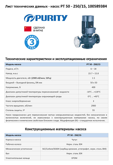 Насос моноблочный в линию PURITY PT 50-250/15 (N)