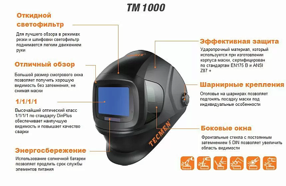 Сварочная маска с автоматическим светофильтром (АСФ) Хамелеон Tecmen TM 1000 Сварочная маска с автоматическим светофильтром (АСФ) Хамелеон Tecmen TM 1000