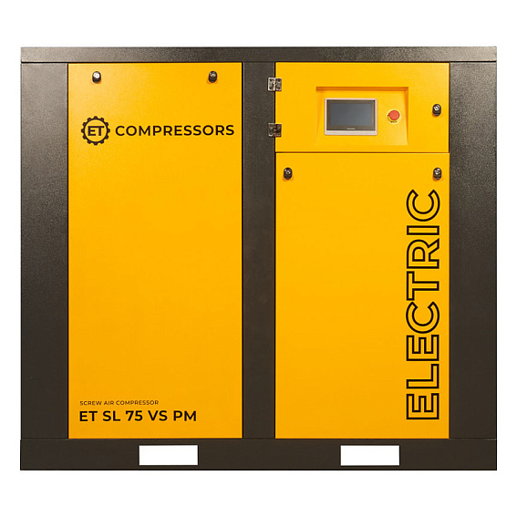 Мощность двигателя, кВт;Давление, атм;Объем ресивера, литров;Производительность, л/мин;Наличие осушителя;Тип привода;Наличие частотного преобразователя;Применение;Напряжение питания, В;Габариты (ДхШхВ), мм;Гарантия, месяцев;Масляный/Безмасляный;Страна производства;Наличие ресивера;Серия Винтовой компрессор ET-Compressors SL 75-13 VS PM (IP55) с частотным регулированием производительности и двигателем на постоянных магнитах