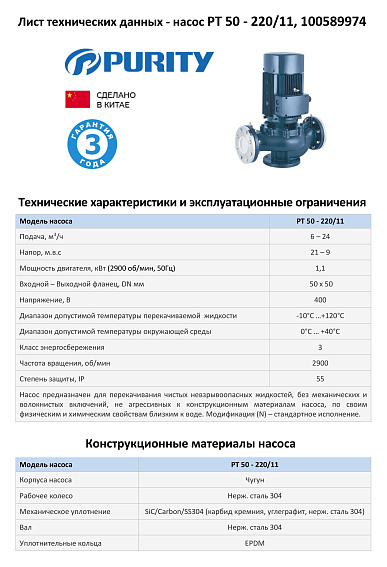 Циркуляционный насос In-Line PURITY PT 50-220/11