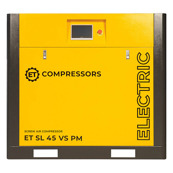 Мощность двигателя, кВт;Давление, атм;Объем ресивера, литров;Производительность, л/мин;Наличие осушителя;Тип привода;Наличие частотного преобразователя;Применение;Напряжение питания, В;Габариты (ДхШхВ), мм;Гарантия, месяцев;Масляный/Безмасляный;Страна производства;Наличие ресивера;Серия Винтовой компрессор ET-Compressors SL 45-10 VS PM (IP55) с частотным регулированием производительности и двигателем на постоянных магнитах